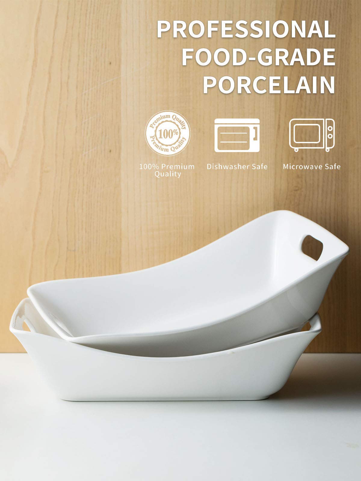 YHOSSEUN Large Serving Bowls with Handles White Serving Dishes For Entertaining, 1.5 Quarts Ceramic Bowl Set Rectangle Serving Platter for Thanksgiving, 2 Pack