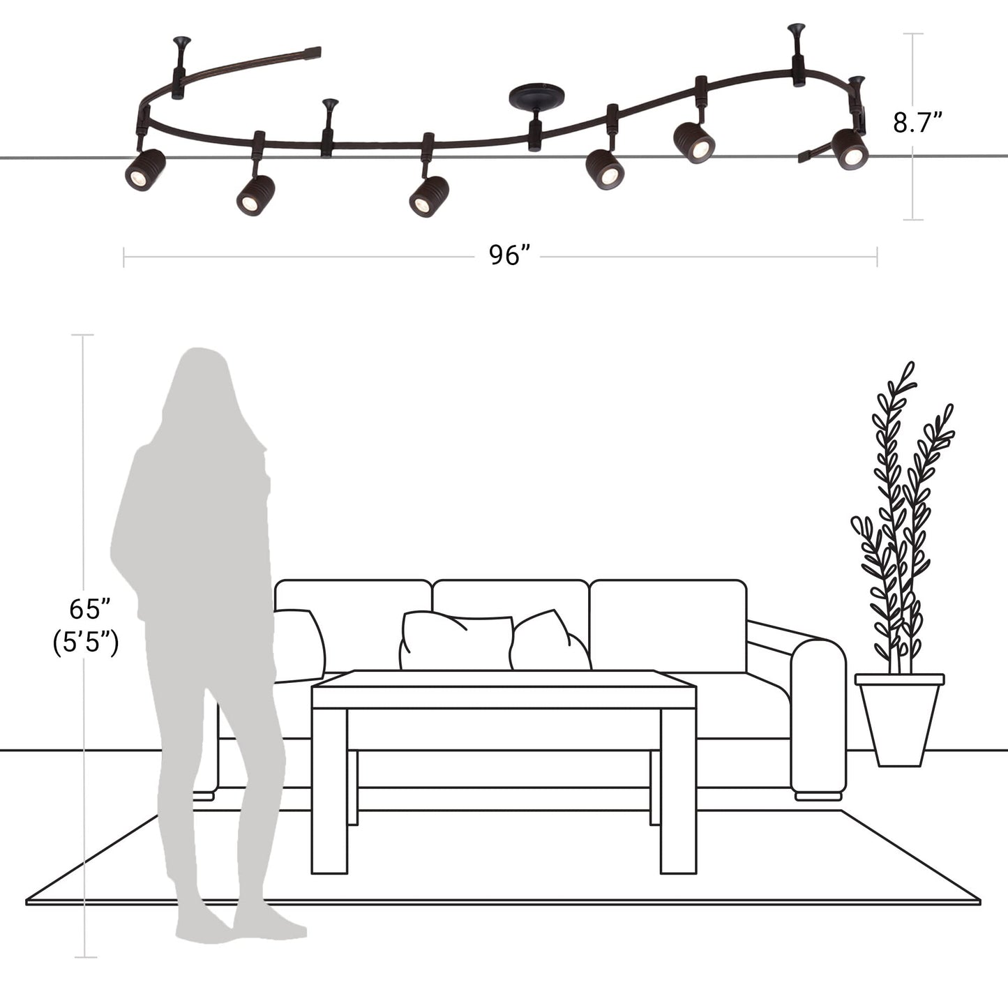 Catalina Lighting 96" 6-Light Integrated LED Flex Track Spotlight Ceiling Light, Oil Rubbed Bronze, for Kitchen, Living Room, Home Lighting