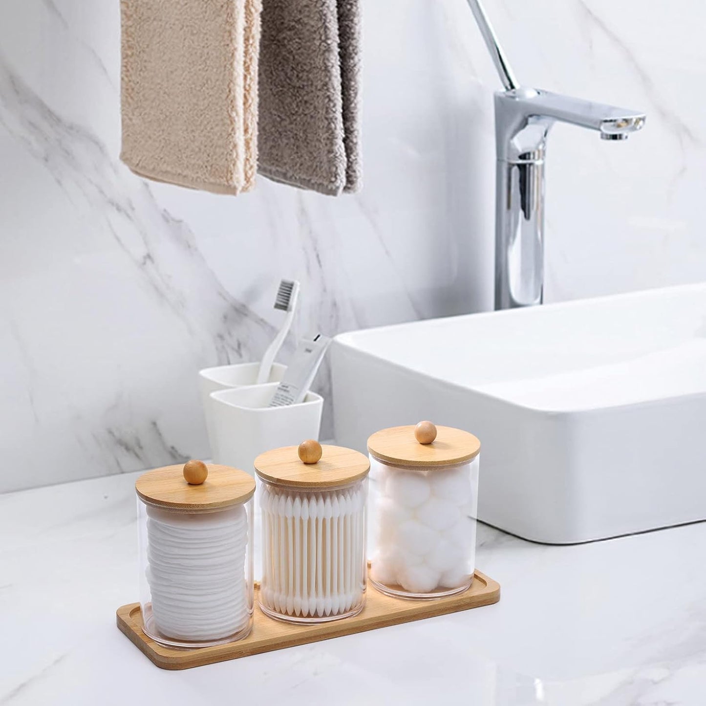 Tbestmax Cotton Swab Holder Set - Clear Apothecary Jar with Wood Lids | 10 Oz Bathroom Storage Containers (3 Pack)