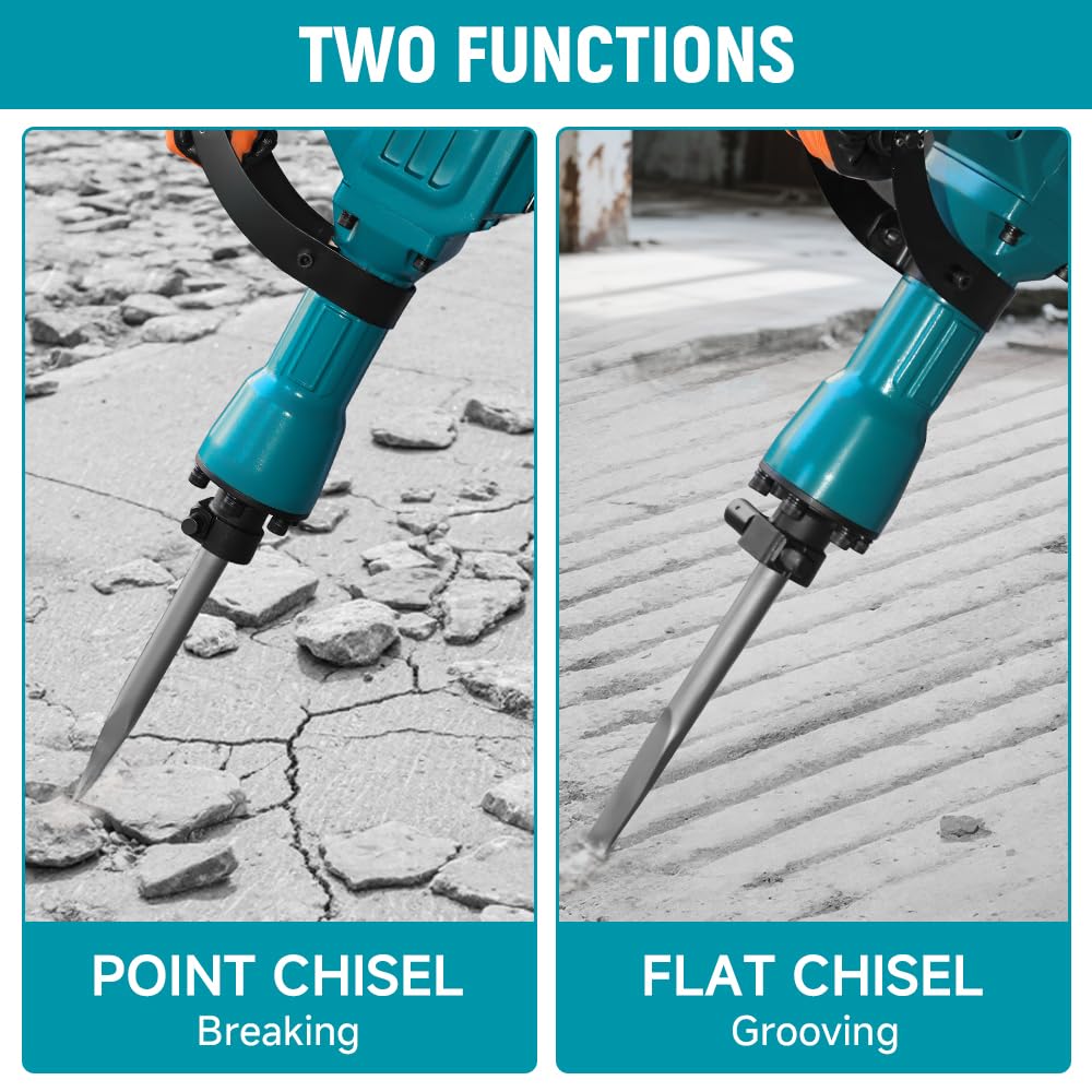 Victeche 2400W Demolition Electric Jack Hammer 65J Heavy Duty Concrete Breaker with Point and Flat Chisel