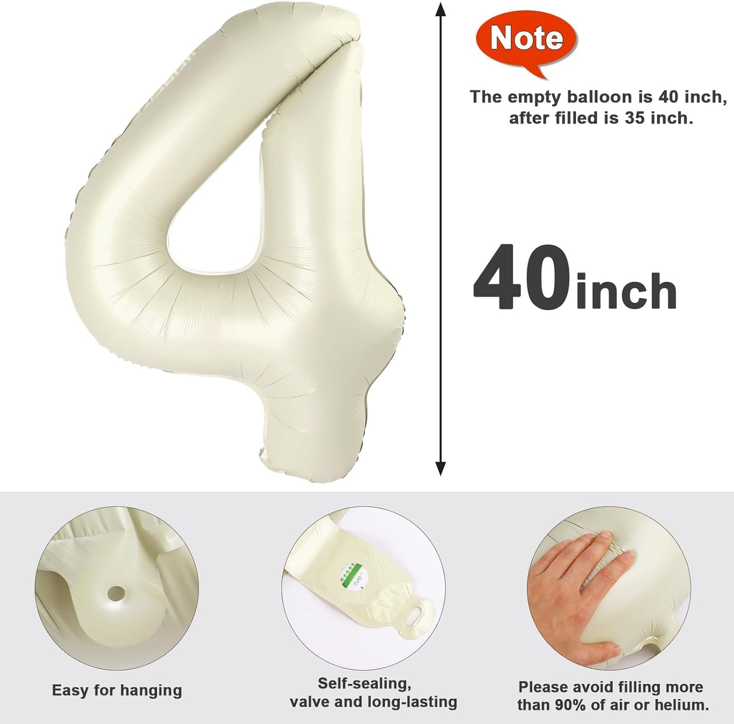 Skiennix 40-Inch Large Number Balloon - Cream White 4 Balloon for Birthday & Graduation Celebrations