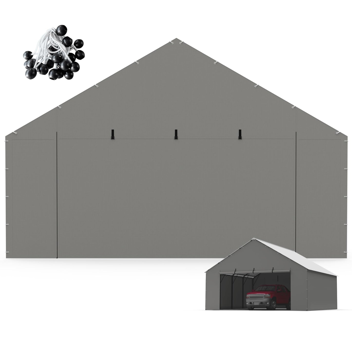 FLOUREE Metal Carport Zipper Door Replacement Fits 20'x16' 20'x20' 20'x25' 20'x26'Heavy Duty 220g PE Tarp, Waterproof UV Resistant Roll-Up Cover with Bungees, Gray (No Frame)