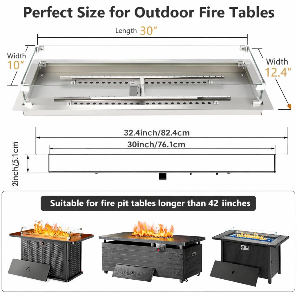 GRISUN Upgraded 30" x 10" Drop-in Fire Pit Kit with Glass Wind Guard & Lid, Linear Fire Pit Burner Pan, Stainless Steel Fire Pit Insert with Spark Ignition