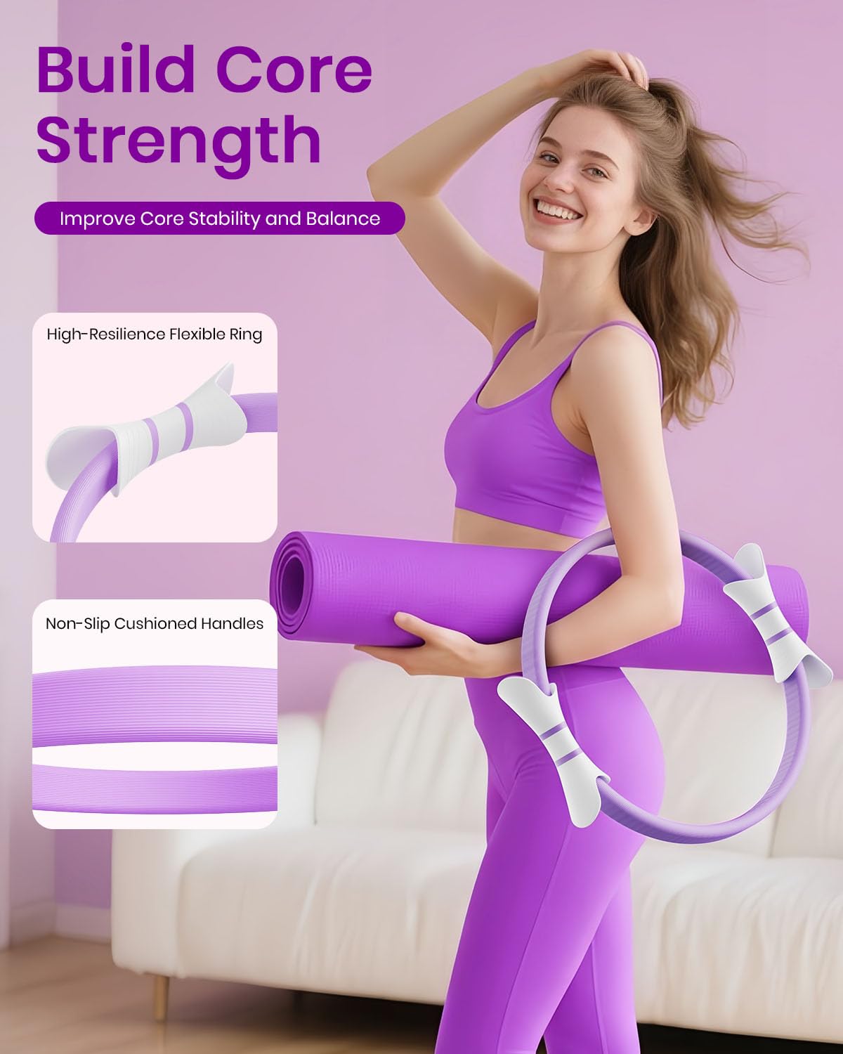 Fuelion Pilates Ring Set for Women, Home Workout Pilates Equipment with Resistance Bands, 14'' Magic Circle, Mini Ball, Pilates Starter Kit for Strength, Toning and Flexibility (Purple, Medium-Level2)