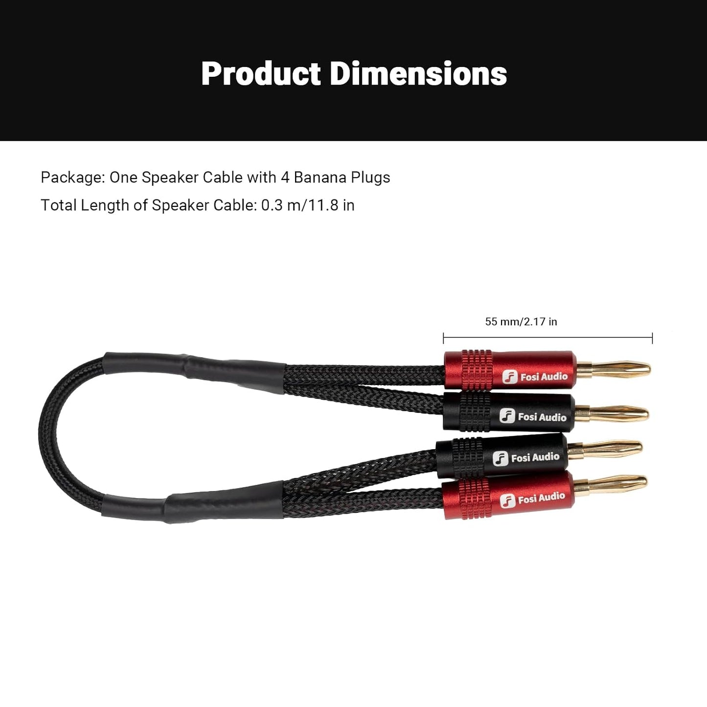 14AWG 0.9Ft, 1 Pack 4 (0.3m/11.8in) Fosi Audio Braided Speaker Wire Pair Cable with Gold Plated Banana Plugs, Black