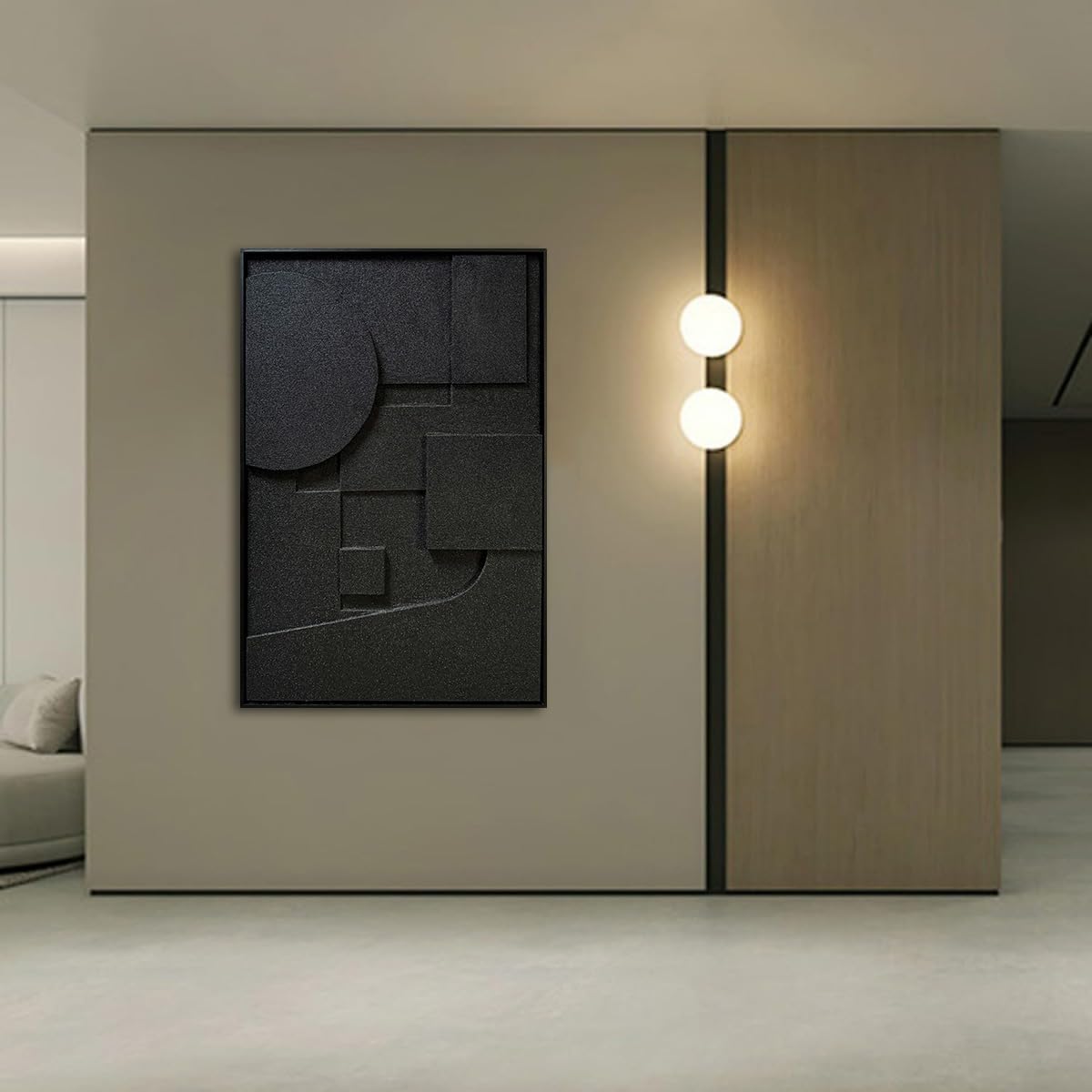 Slyart Black Textured Wall Art - Handmade 3D Abstract Relief Painting | Framed Vertical Art 24x36 Inch