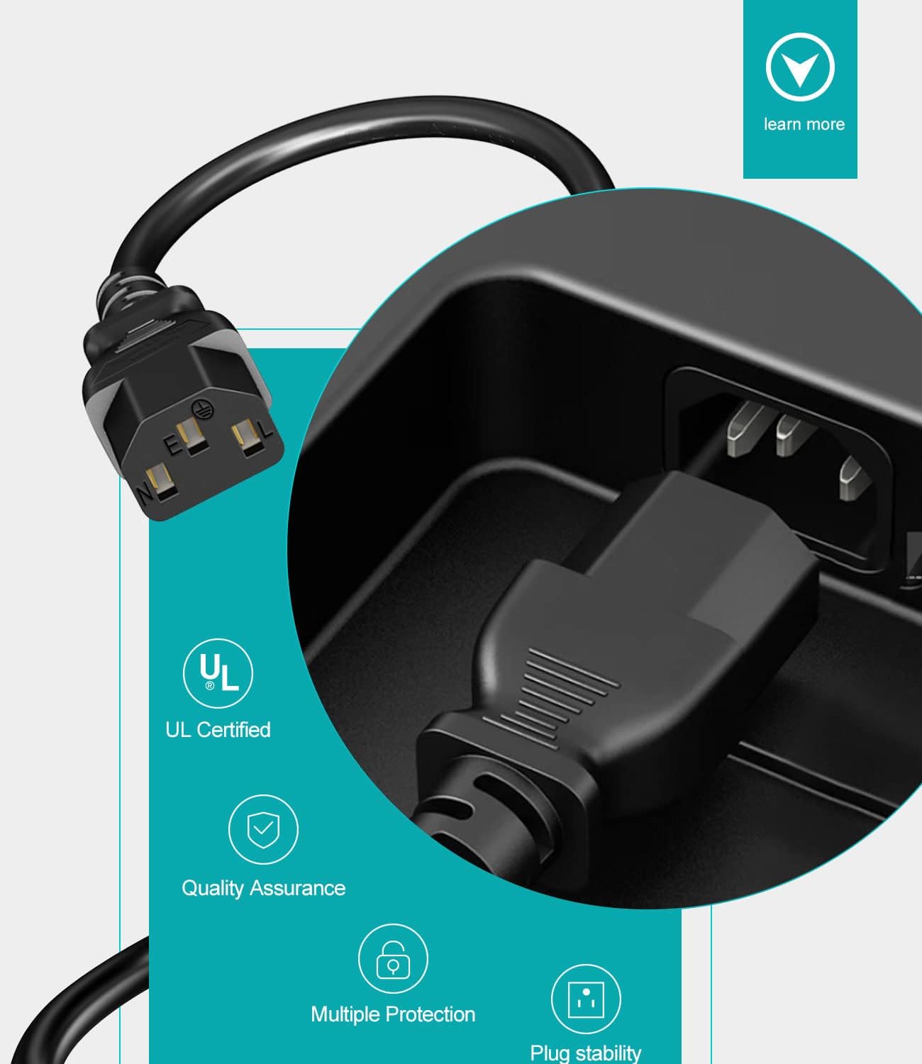 Narpendu 3-Prong 6 (1.82 Universal AC Power Cable for Computer, TV, Monitor and More, Feet Meters), Black