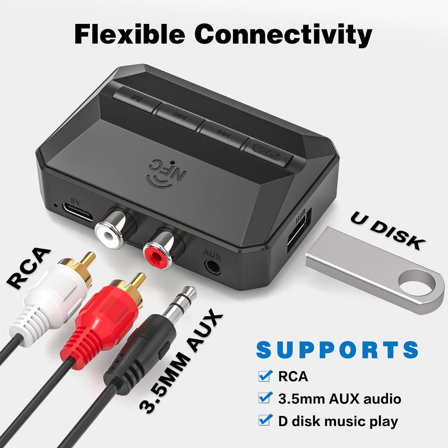 BAISHUN RCA/3.5mm 5.3, Bluetooth Receiver, NFC-Enabled AUX USB Drive/TF Card Outputs, Wireless Audio Adapter