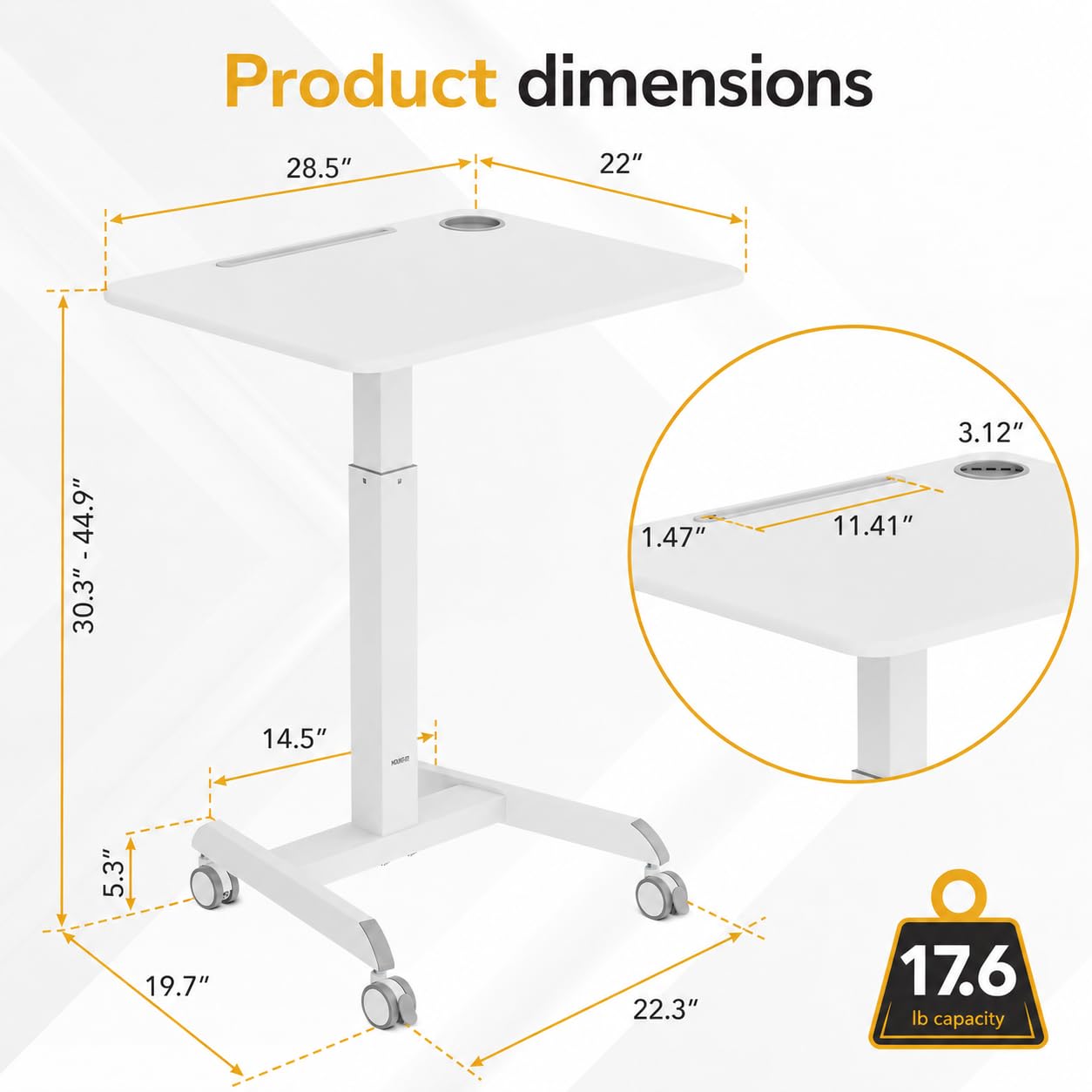Mount-It! Laptop Cart Rolling Desk Adjustable Height with 28.5" x 22" Tabletop, Ergonomic Sit-Stand Workstation on Wheels Portable for Home Office, Dorm, Classroom, White