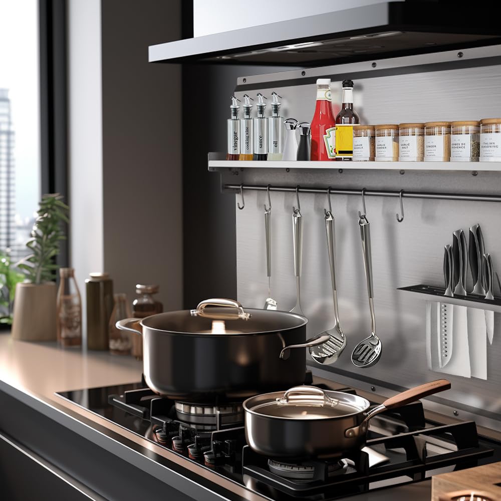 VENFAN 48"x 30" Stainless Steel Backsplash, Range Backsplash with Storage Shelf & Knife Rack, Stainless Steel for Stove Wall Shield with Pre-Drilled Holes
