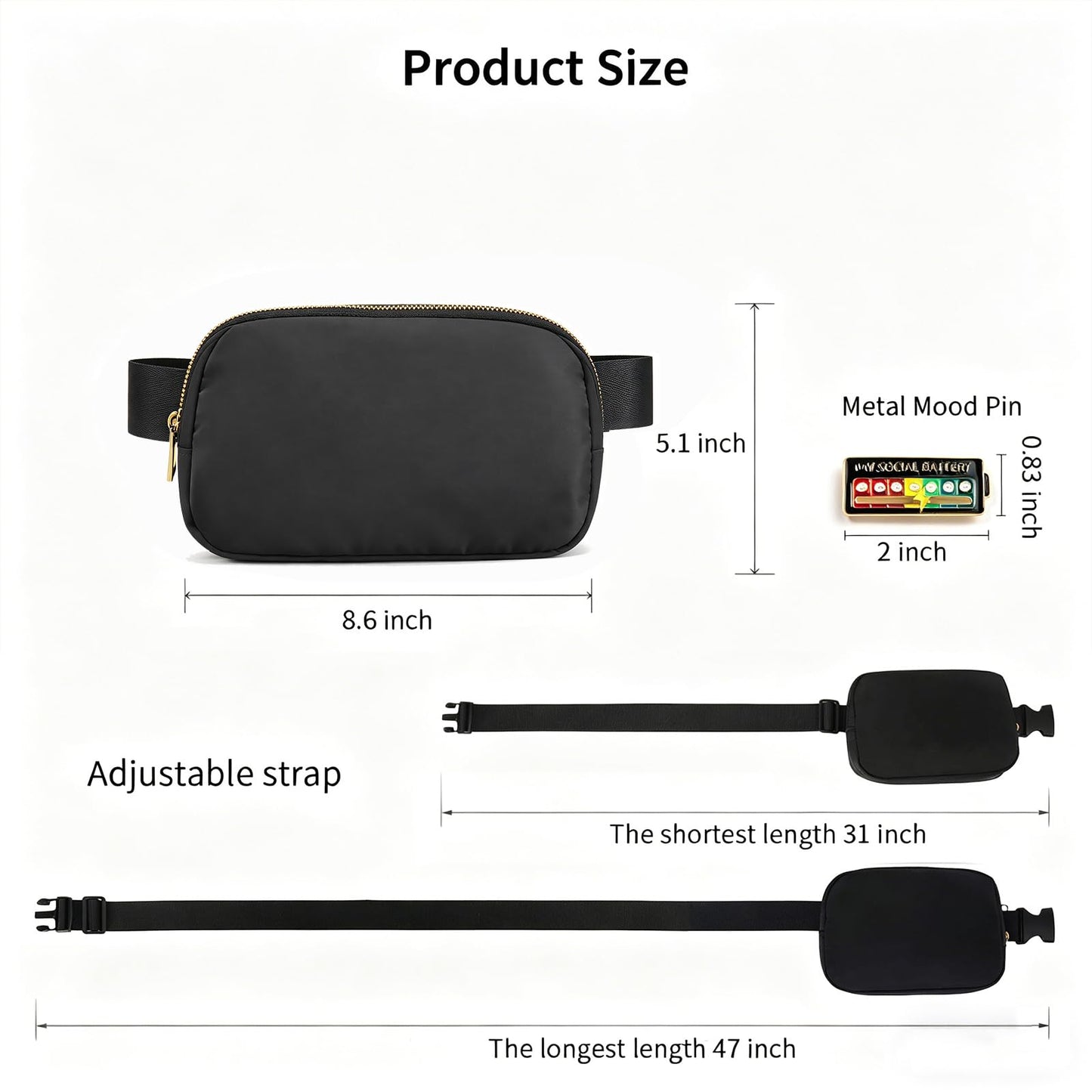 Fanny Pack Crossbody Sling Bag, Everywhere Belt Bag, Fashion Waist Packs, Mini Belt Pouch, Nylon Water Repellent with Adjustable Strap for Men & Women, Outdoor Sports & Travel, black