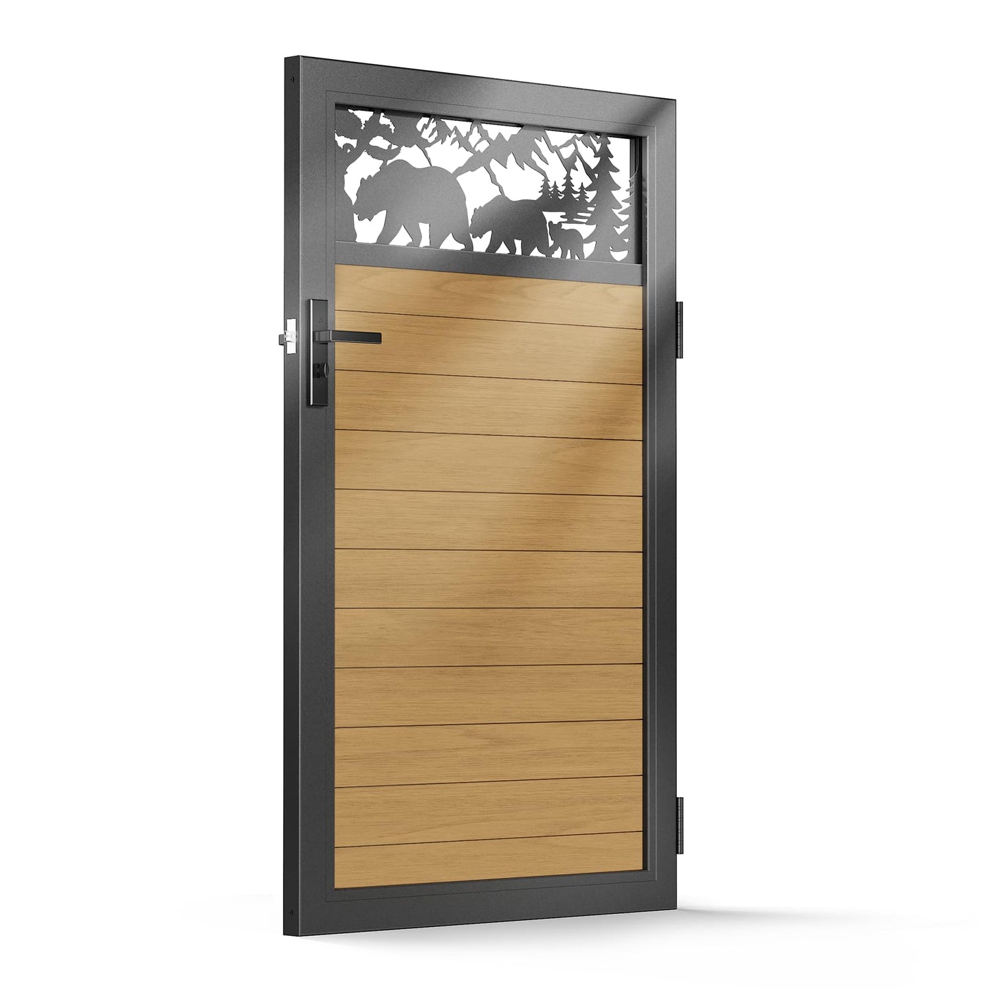 Brukid 3x5 FT Aluminum Fence Gate Kit Wood Grain Aluminum Gate with Decorative Cutout, Lock & Hinges, Left/Right Opening, Weather Resistant for Yard Garden Patio
