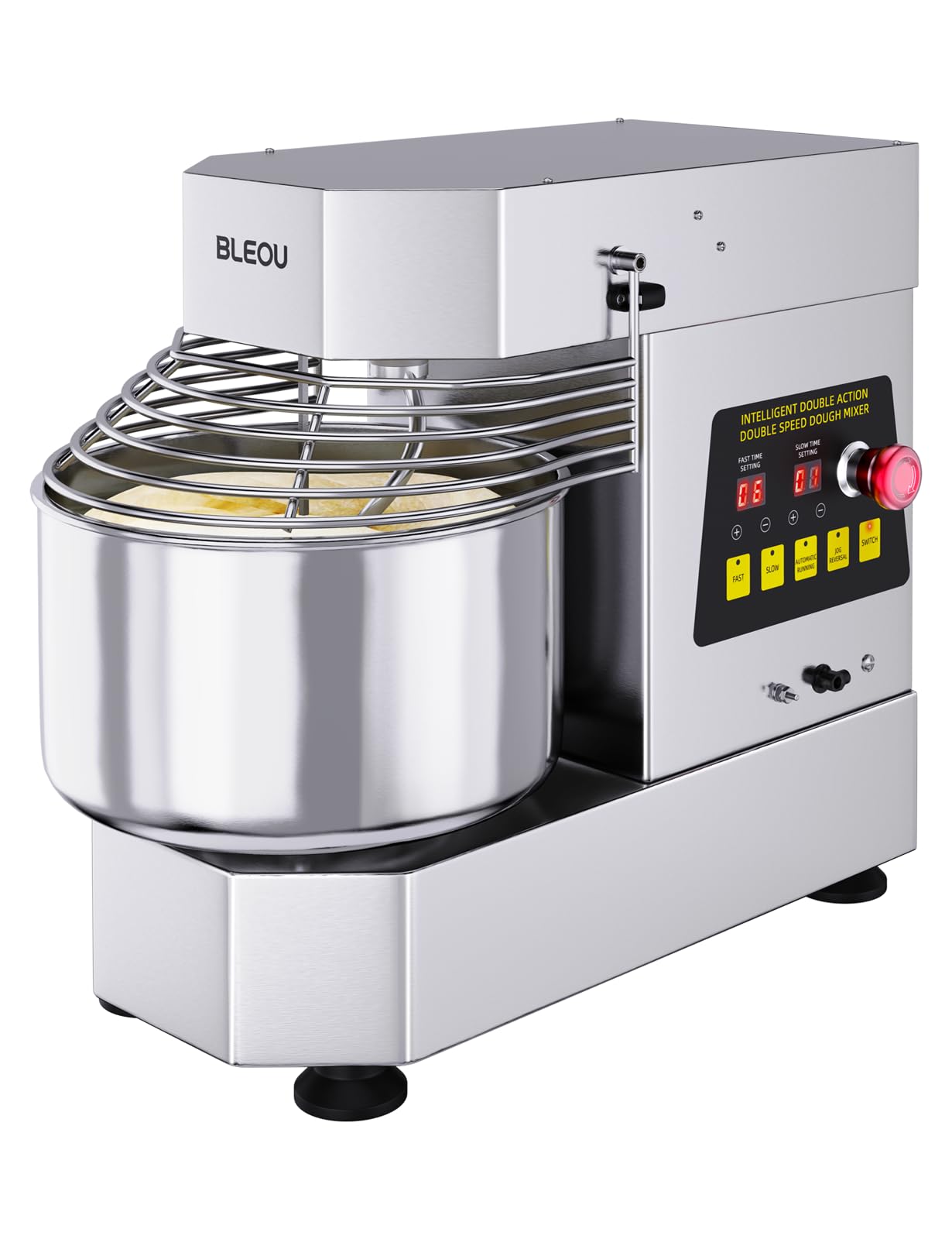 BLEOU Commercial Dough Mixer 10.5 Qt – 750W Spiral Dual Speed & Dual Action Mixer with Timer, Food-Grade Stainless Bowl & Safety Shield – Industrial Kitchen Mixer for Bakery, Pizzeria & Restaurant