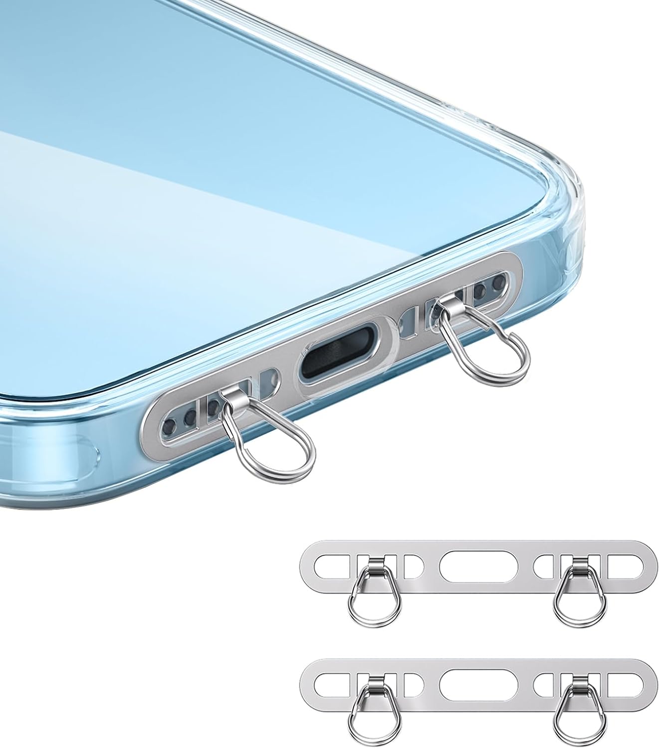 2 Pack 2 Metal Phone Tether Tabs for iPhone - Stainless Steel Phone Lanyard Patch with rings