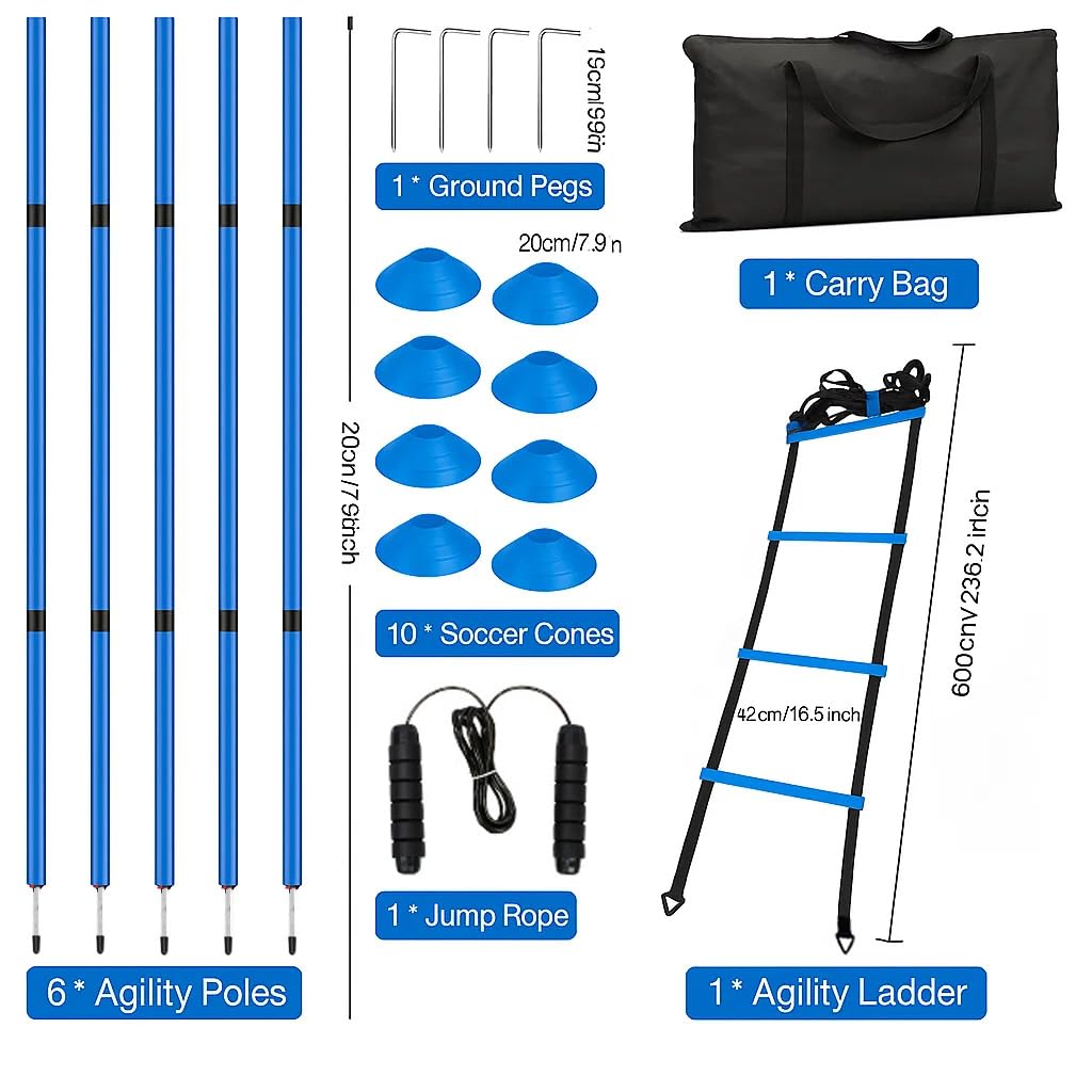 Soccer Agility Training Equipment Set - 6 Pro 59" Spliceable Agility Poles with Ground Spikes, 1 20ft Speed Ladder, 10 Soccer Cones, Jump Rope & Carry Bag for Youth Soccer & Football Drills (blue)