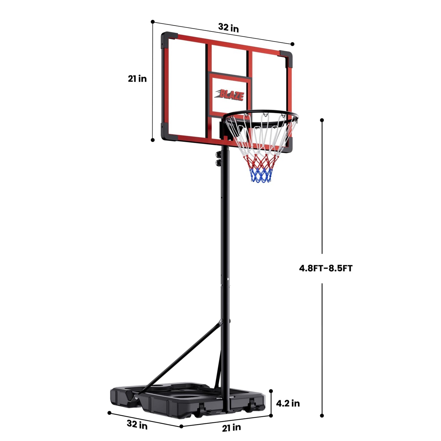 Portable Basketball Hoop 4.1–8.5FT Adjustable, 32" Shatterproof Backboard, Fillable Base with Weight Bag & Wheels, Outdoor Basketball Goal for Kids & Teens Backyard Driveway(Red)