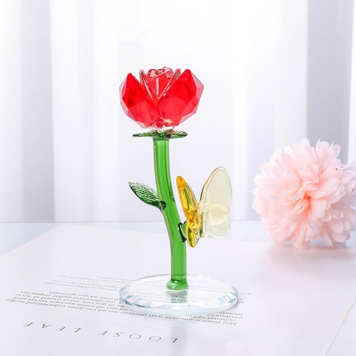 LONGWIN Crystal Red Rose Flower Figurine - Elegant Glass Spring Bouquet Home Decor Gift for Her