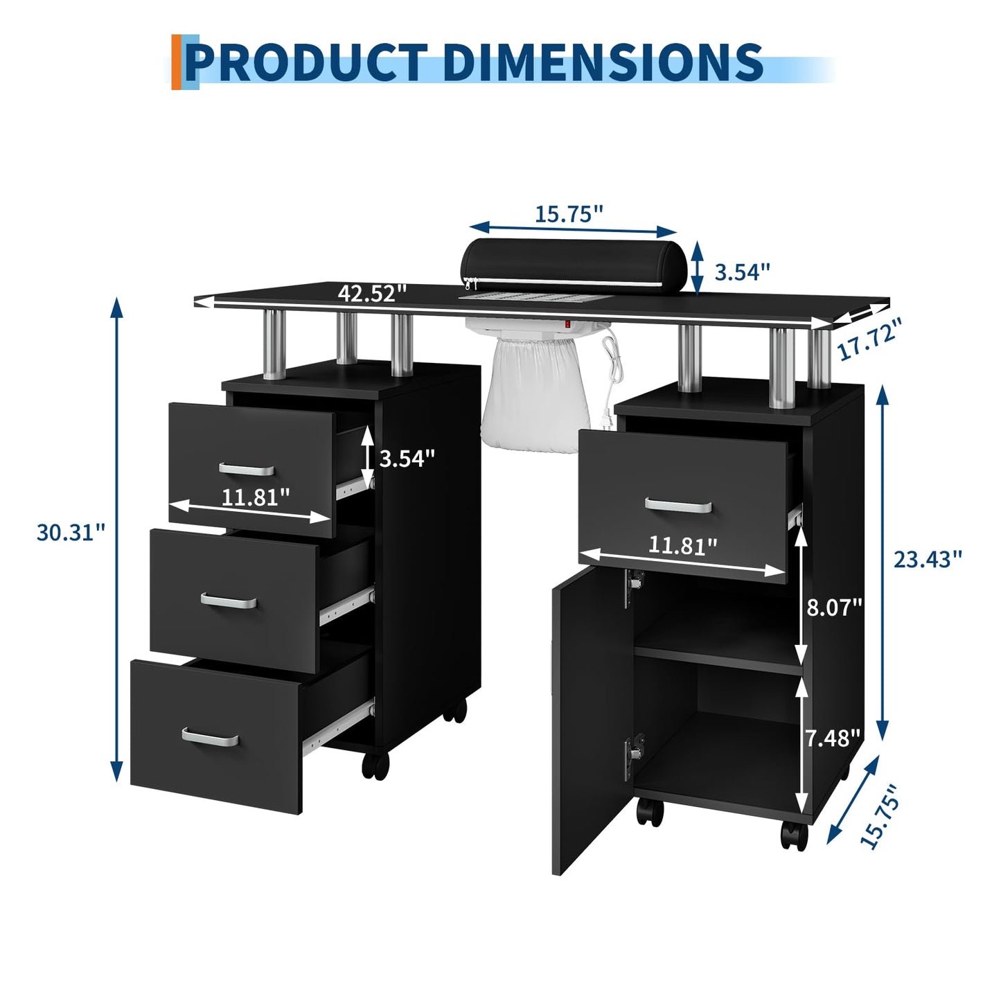 PeacefulHues Manicure Table for Nail Tech, Nail Desk Table Station with Electric Dust Collector Side Cabinet 4 Drawers and Wrist Rest, Beauty Salon Nail Supplies Decor Workstation, Black