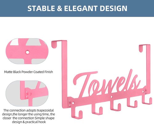 Azmoncy Over The Door Hooks - Heavy Duty Towel Rack with 5 Coat Hooks | Pink for Bathroom & Kitchen