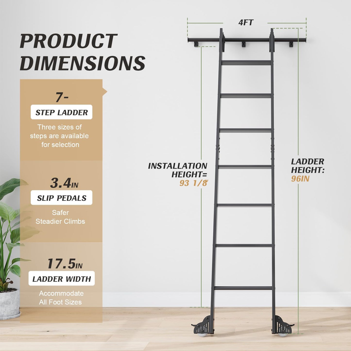 Fredbeck 8ft Rolling Library Aluminium Step Ladder 96" with 4FT Sliding Hardware Track Kit Bottom Wheel Included,for Kitchen,Loft,Warehouses,Bookstore,Atti,Dressing Room,Metal Black