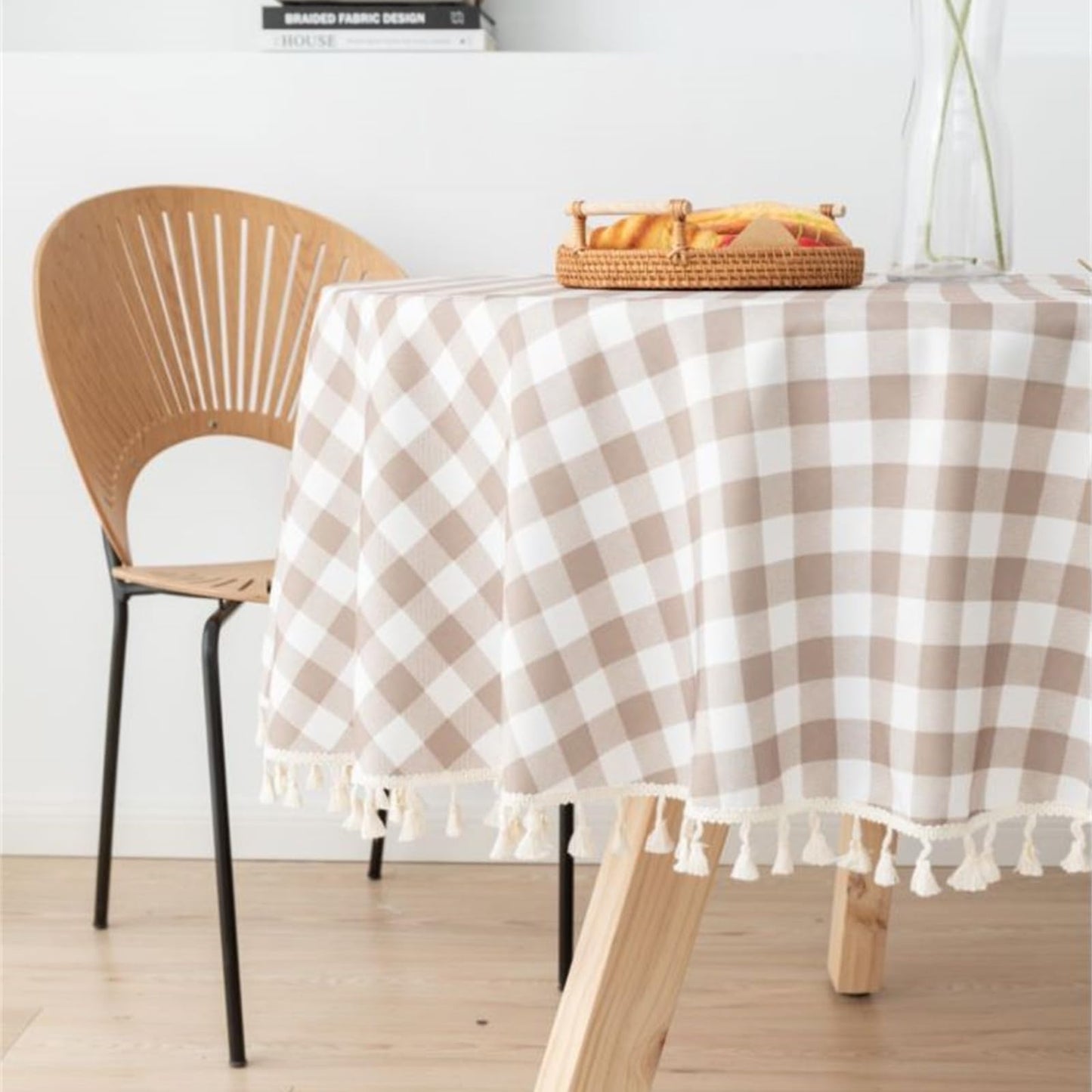 Rakila Polyester Checkered 48 Inch Round Tablecloth with Handmade Tassel Waterproof Wrinkle Free Table Cover for Kitchen Party Outdoor, Khaki Style 1