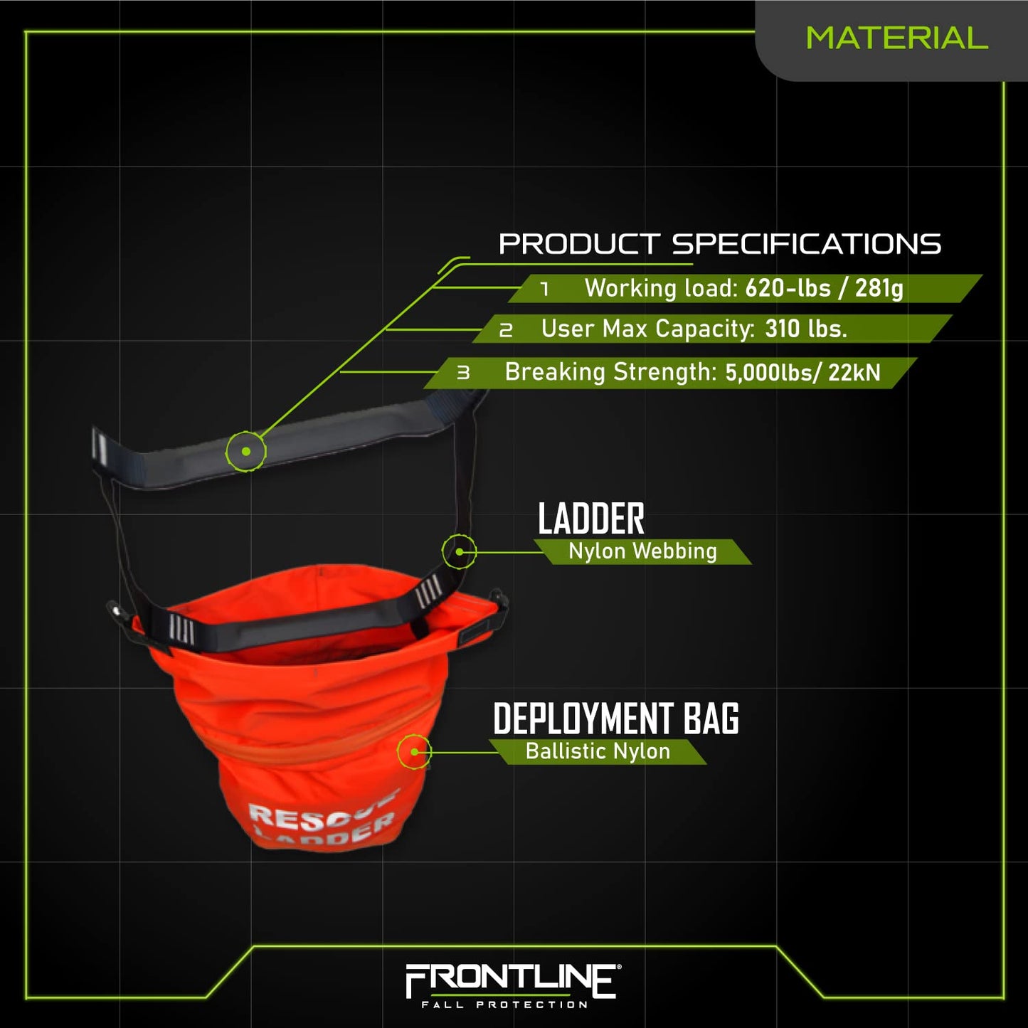 Frontline Fall Protection RLA18 Rescue Ladder Kit 18' | Breaking Strength: 5,000lbs/ 22kN | OSHA Compliant Rescue Kit with Deployment Bag | ANSI Z359.12 Steel Carabiner (30kN)