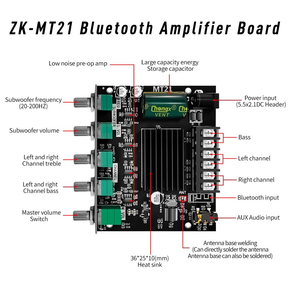 ZK-MT21 2.1 12V-24V Channel Bluetooth Amplifier Board Mini Audio Receiver with Subwoofer Output, Bass Treble Control