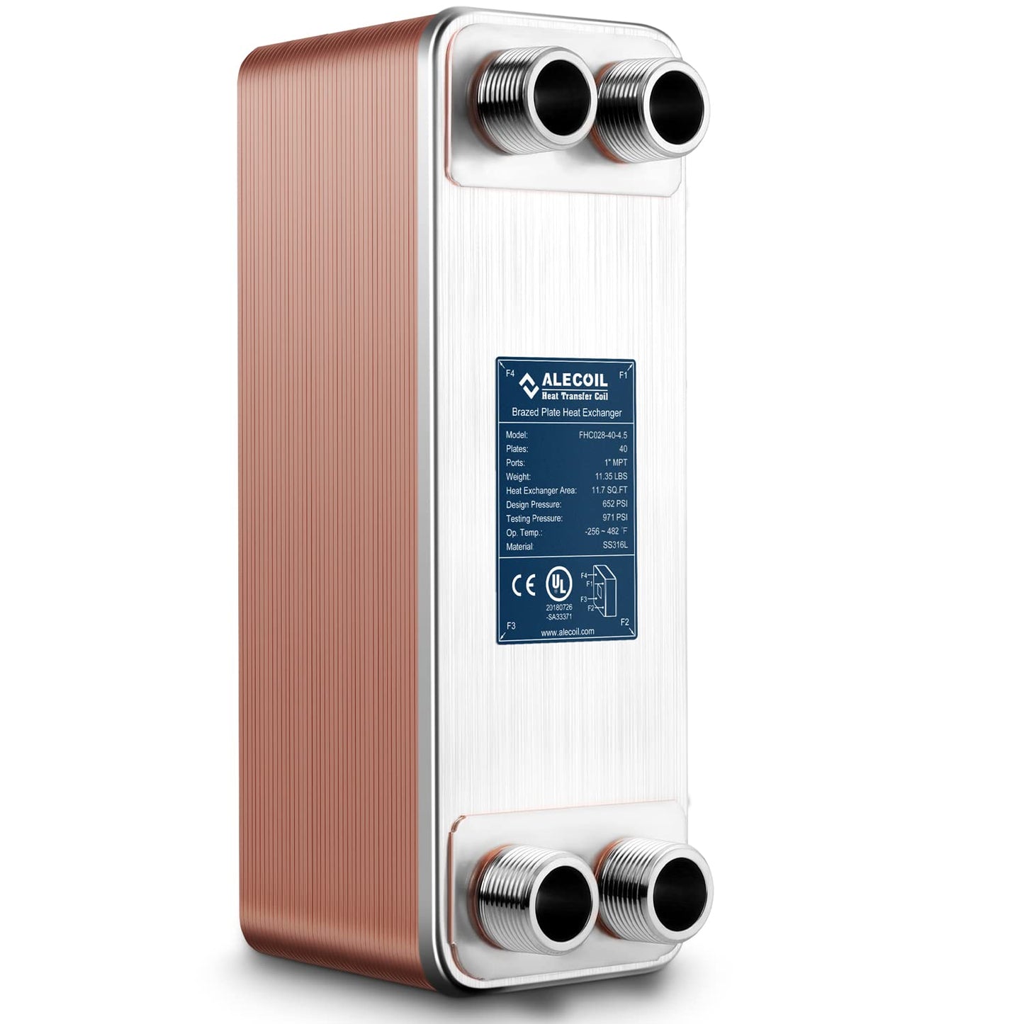 ALECOIL 4"x12"-40 Plates Heat Exchanger with 1" MPT Port Water to Water 316L Stainless Steel Brazed Plate Heat Exchanger for Water Heating, Floor Heating, Industrial and Commercial Refrigeration