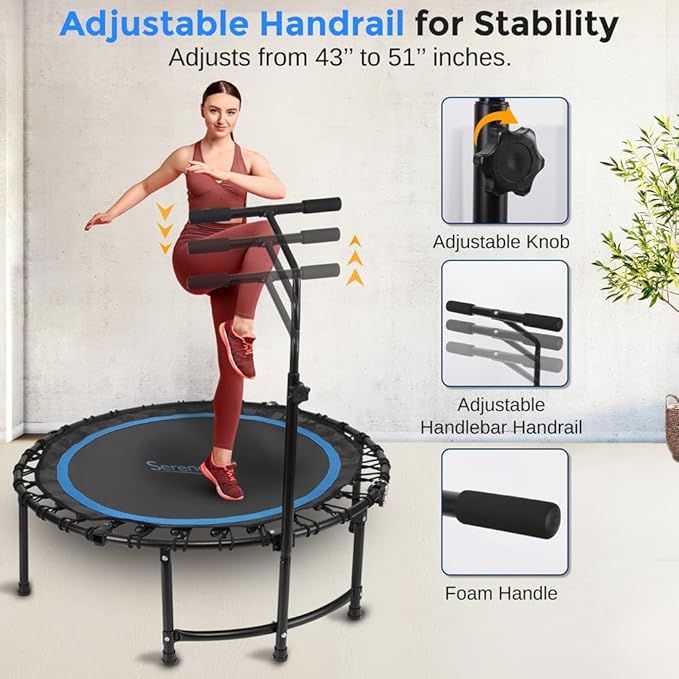 SereneLife 40"/50" Mini Trampoline for Adults - 450/550LBS Fitness Trampoline with Reinforced Springs & Adjustable Safety Handle - Stable & Quiet Supports Whole-Body Workout & Relaxation