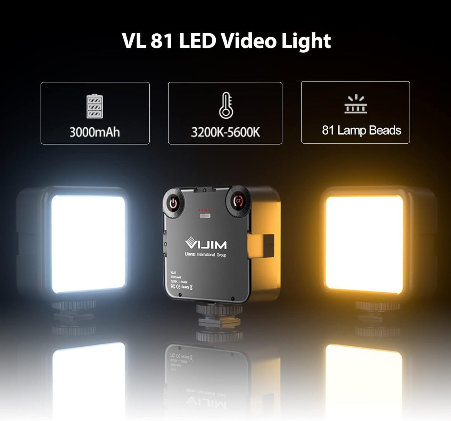 ULANZI VL-81 3200K-5600K CRI95 3000mAh Camera Phone Selfie Light with Clip & Cold Shoe, Bi-Color Portable LED Video