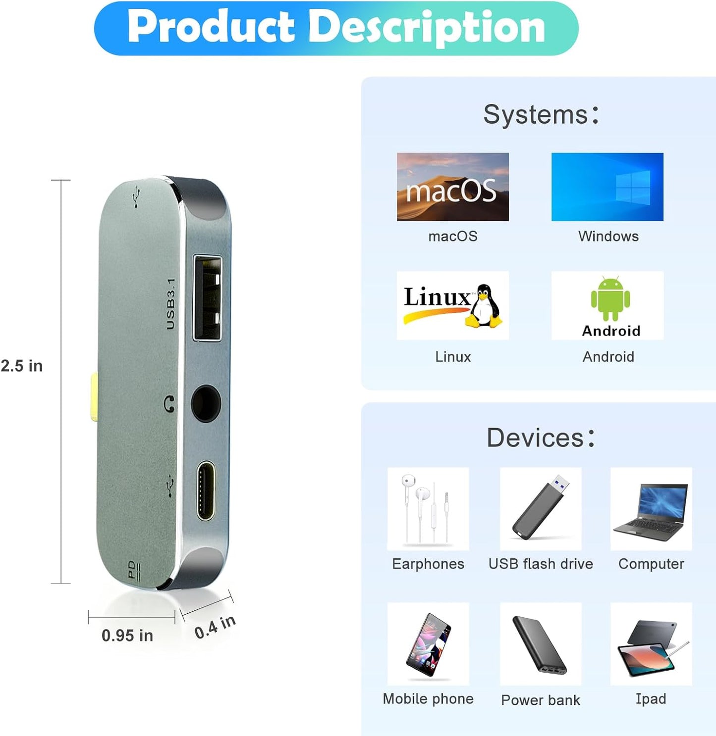 TPYoimay 5-in-1 PD3.0 3.55 USB3.1 10Gbps, USB TYPE-C docking station supports charging, Type-C interface headphone