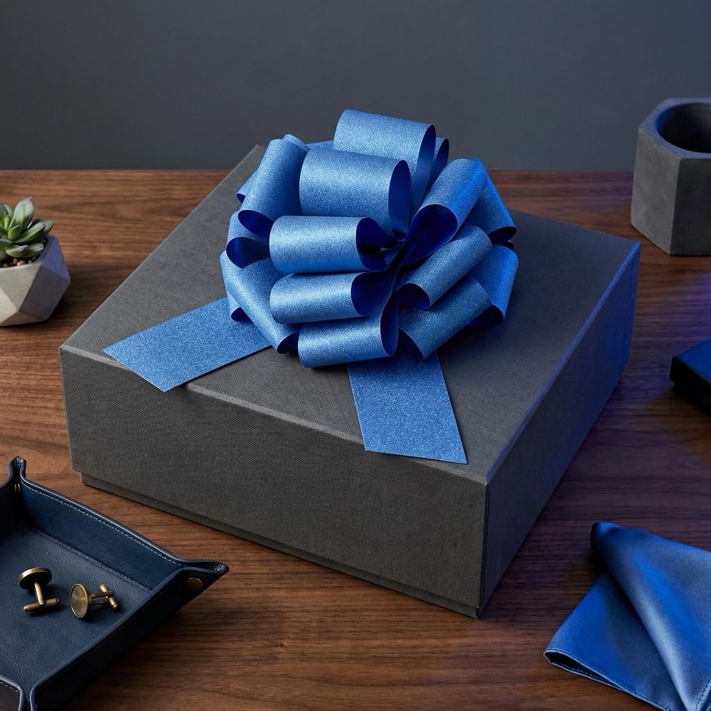 Skiennix Large Royal Blue Pull Bow - 14 Inch Glitter Ribbon Bow for Gifts, Parties & Home Decor