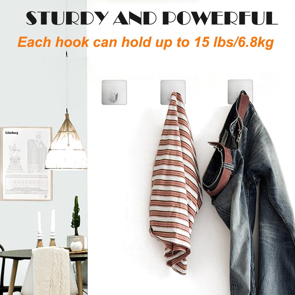 Heavy Duty Adhesive Towel Hooks Stick on Towel Hanger Wall Holder Waterproof Stainless Steel Sticky Hooks for Hanging Bathroom Kitchen Home-4 Packs