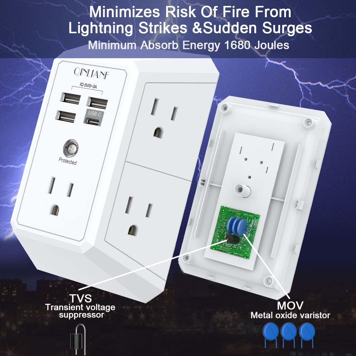 QINLIANF Wall Charger - 5 Outlet Surge Protector with 4 USB Ports | 3-Sided 1680J Power Strip for Home & Office