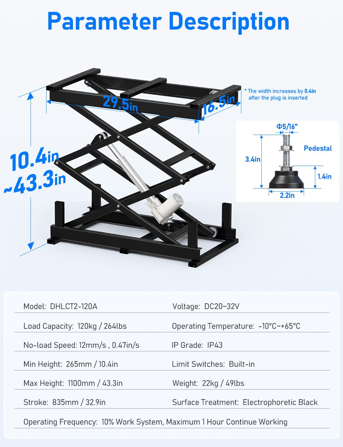 DIHOOL Electric Scissor Lift Table, 265Lbs Load, 10.43"-43.31" Height Adjustable Lifting Platform, Super Quiet with Remote & WiFi Control, Obstruction Detection, AC/DC Power for Home/Industrial Use