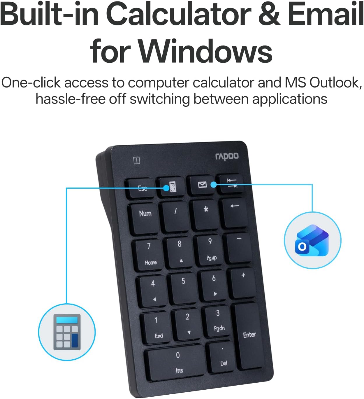 Rapoo K50 2.4G 22-Key Wireless Number Pad, Numeric Keypad for Laptop, Speed Data Entry, Numpad with Calculator, Email