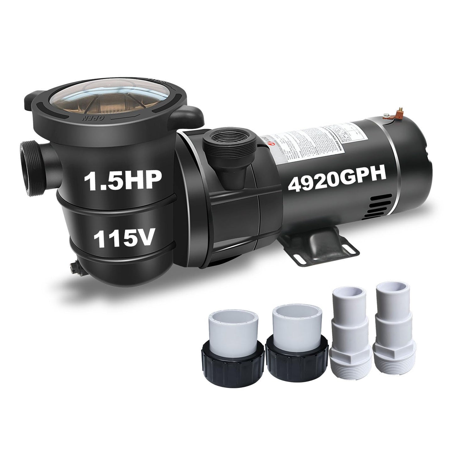 DoE-Compliant CEC approved 1.5HP 115v 4920GPH Above Ground Pool Pump with On/Off Switch and Reversible Discharge Port
