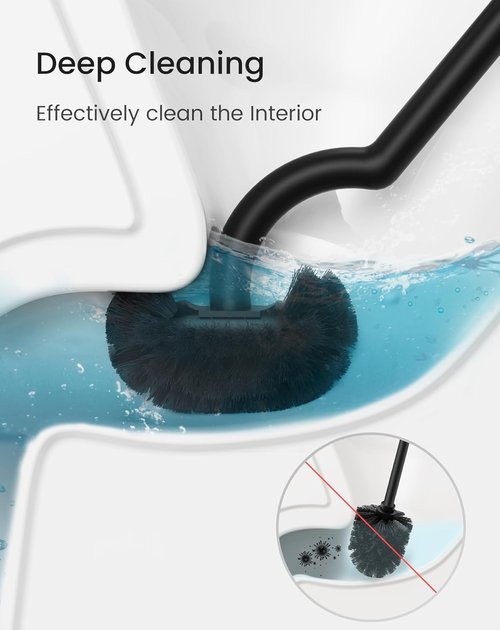 Cesun Toilet Brush Set - Curved Design for Deep Cleaning | 304 Stainless Steel Holder, Black, 2 Replaceable Heads
