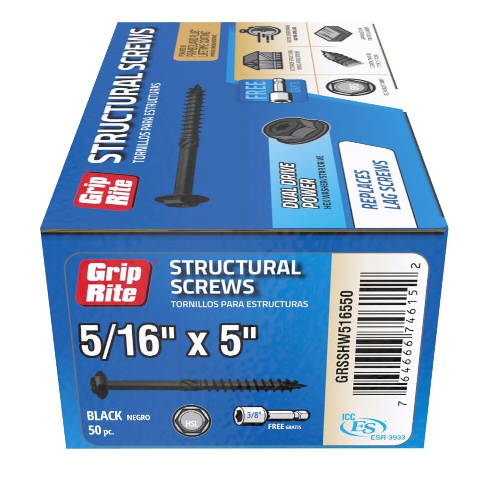 Grip-Rite Structural Screws for Exterior Structural Applications - with PrimeGuard Plus Coating - Coarse Thread Wood Screws - Hex Washer Head - 5/16" x 5" - 50 Count - GRSSHW516550
