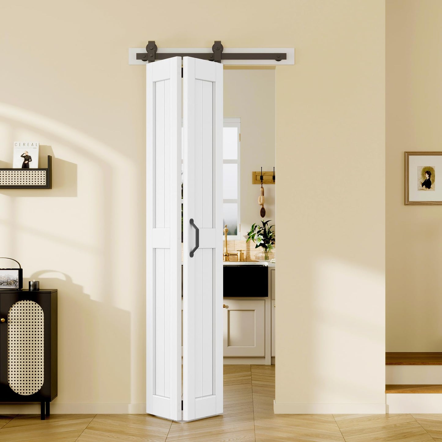 Easelife Bifold Barn Door 32'' x 84'',Bi-Fold Sliding Closet Doors with Hardware Kit Included,36'' Track Kit for 2 Doors,Waterproof, Pre-Drilled Holes Easy Assembly,White