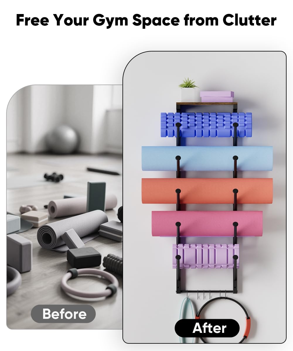 WAALIJI 5 Tiers Yoga Mat Holder Rack Wall Mount with 6 Hooks for Hanging Accessory Yoga Strap Foam Rollers Resistance Bands, Yoga Mats Organizer with Floating Shelf for Home Gym Storage Fitness, Black