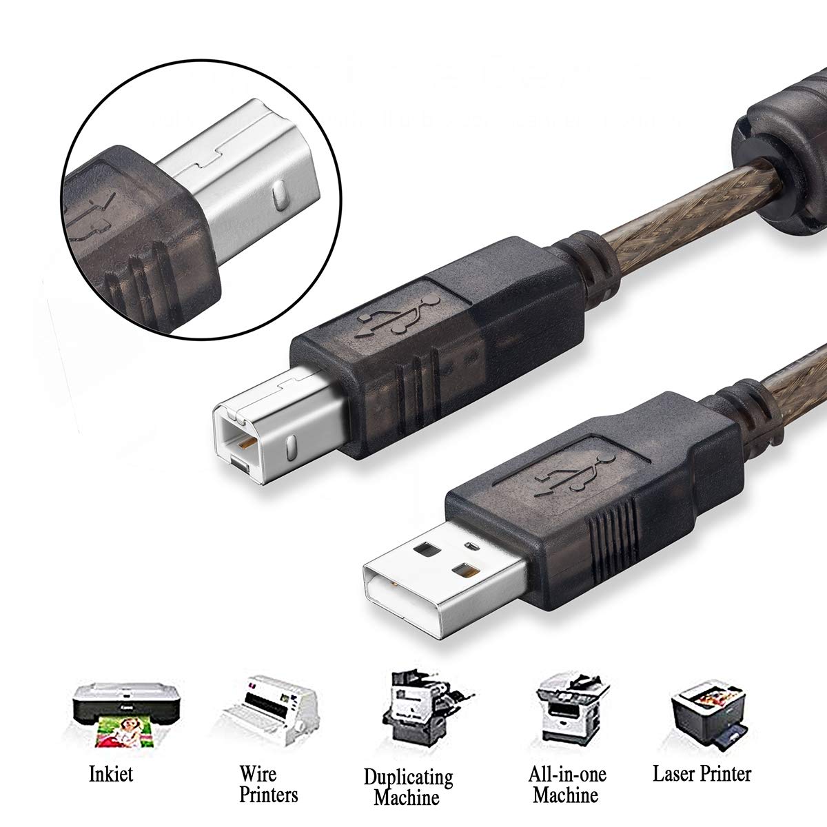 2.0 60Ft (60Ft/20M) Active USB Printer Cable - A-Male to B-Male High Speed Printer/Scanner/Repeater Cable for HP