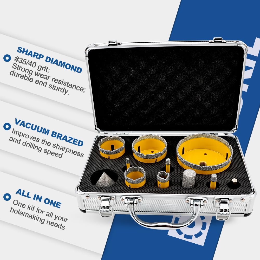 HIGHDRIL Diamond Drill Bits Kit with 5/8-11 for Porcelain Tile Ceramic Marble Brick Concrete Vacuum Brazed Hole Saw(6/8/10/20/35/50/65/100mm+50mm Chamfer Bit+20mm Finger Bit+Adapter)