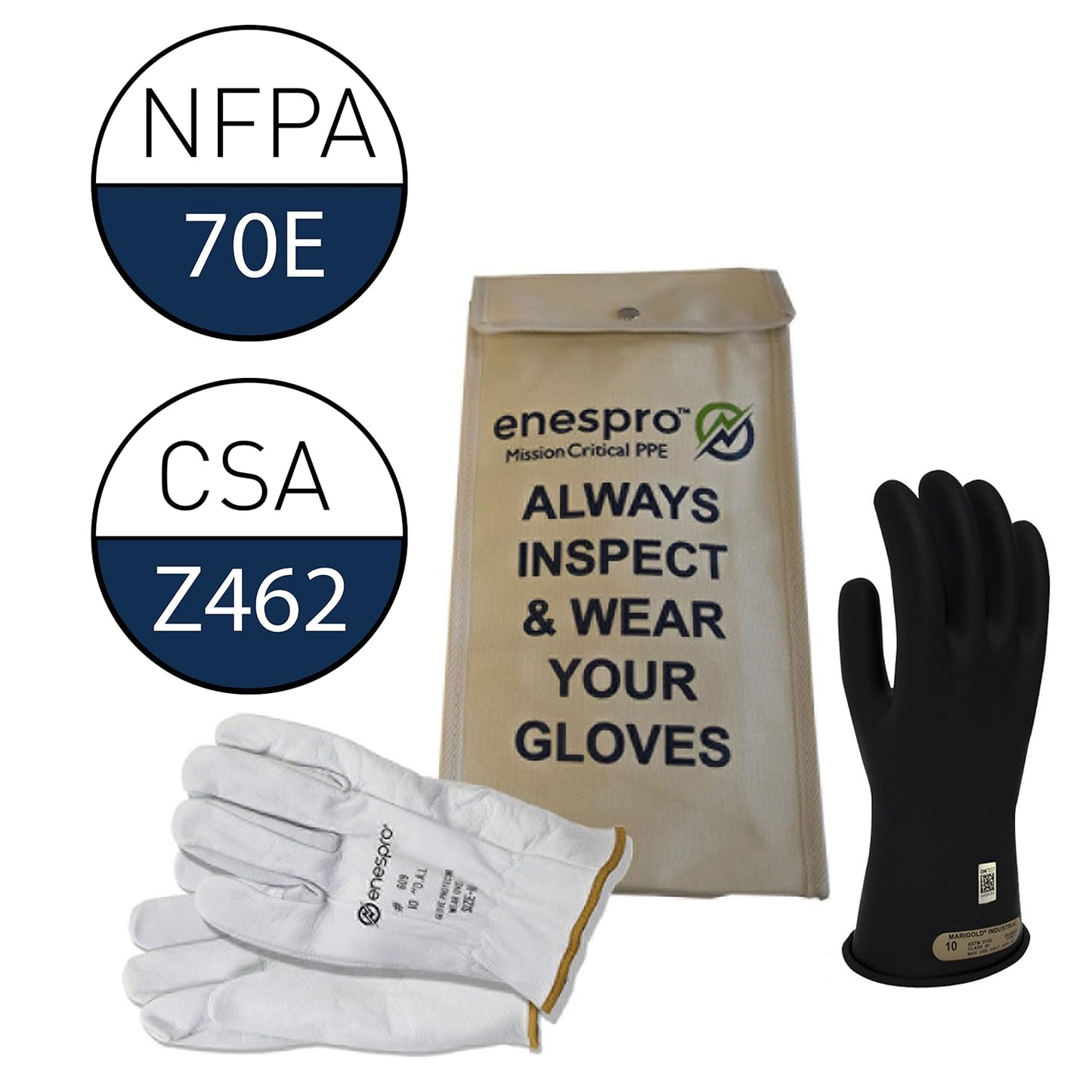 Enespro Class 00 Electrical Gloves Kit, 500V AC / 750V DC Black Insulated Rubber Gloves with Leather Protectors, Electrical Work Gloves for Linemen, and Utility Workers
