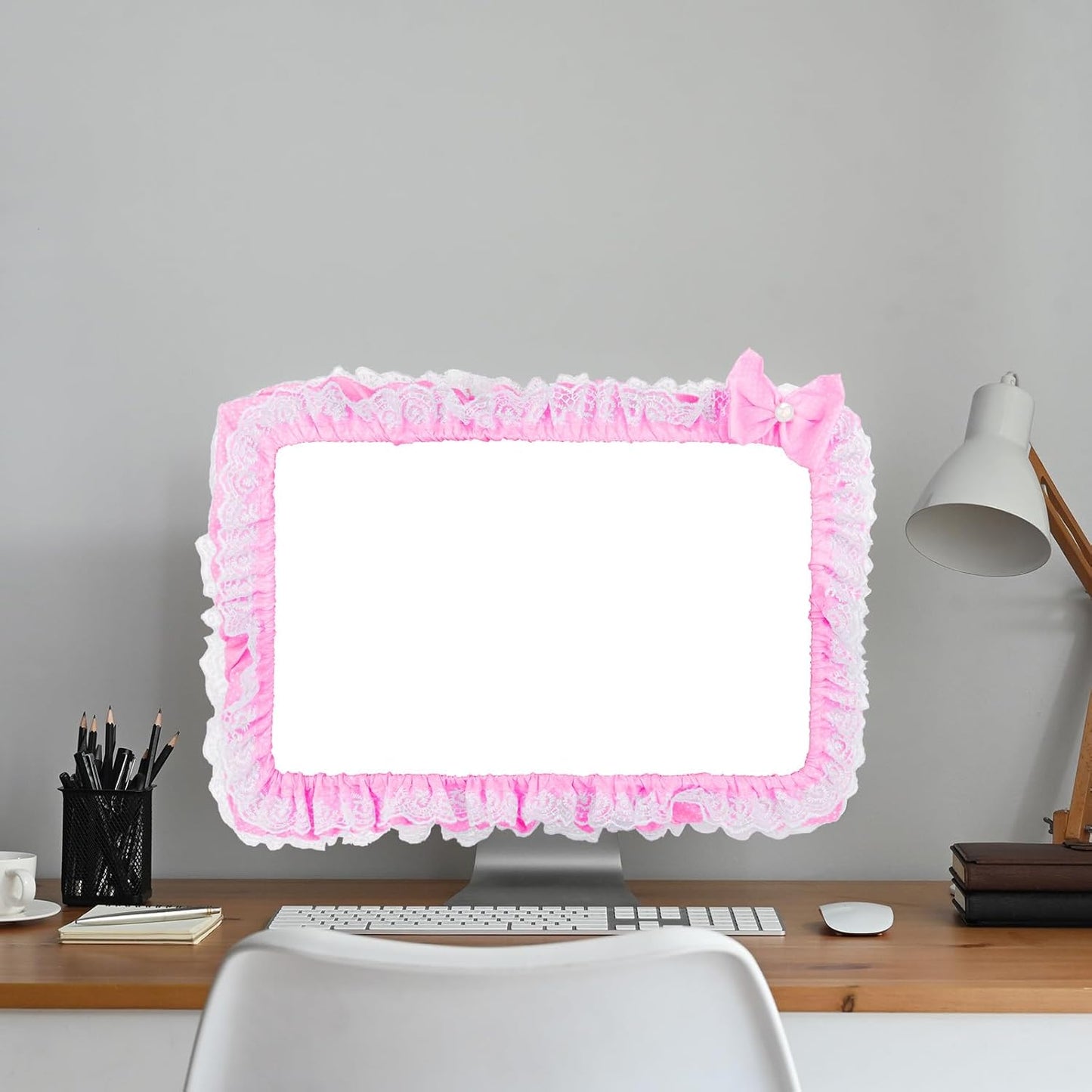 23"-27" Lovely Cute Computer Monitor Cover with Lovely Cute Elastic Pen Pocket Bow-knot TV LCD Screen Monitor