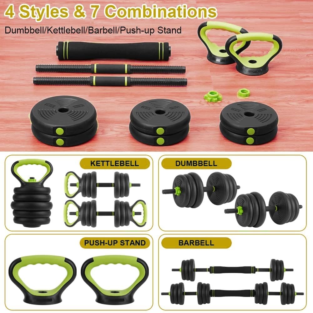 66Lbs Adjustable Dumbbell Set for Home Gym, 4-in-1 Free Weights Set with Connector, Used As Push Up Stand, Adjustable Barbell, Kettlebells for Women & Men, Non-Slip Grip, Space-Saving