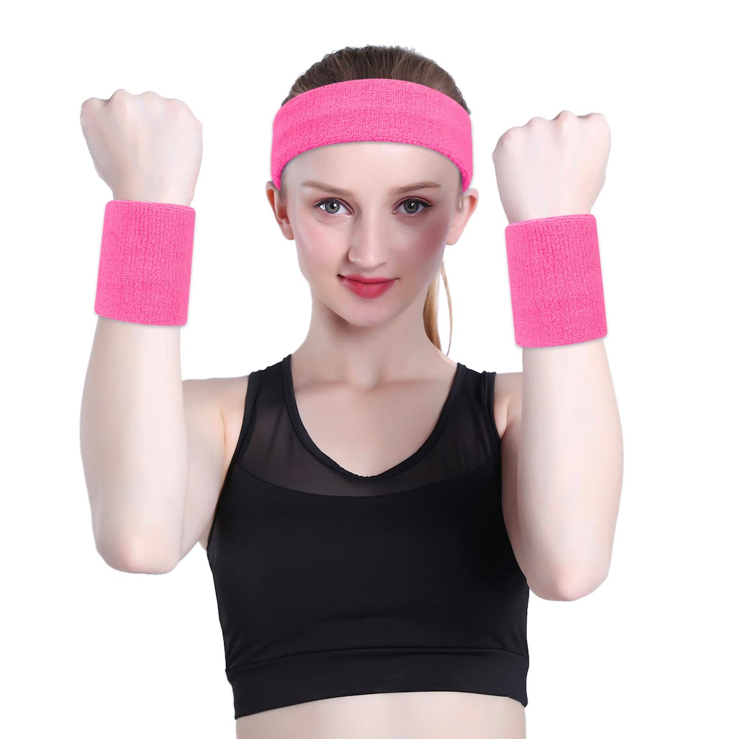 ONUPGO Pink Sweatband Set (3 Pieces) Cotton Headband/Wristbands for Men Women Girls Boys and Youth, Athletic Headbands Fit for Sports, Running, Yoga, Basketball, Football, Cycling, Gym