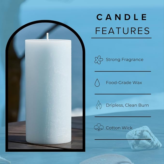 Simply Soson 3x6 inch Light Blue Rustic Sea Salt and Driftwood Pillar Scented Candle - 3 Pack - for Home Decor, Aromatherapy, Weddings, Restaurants, Spa,
