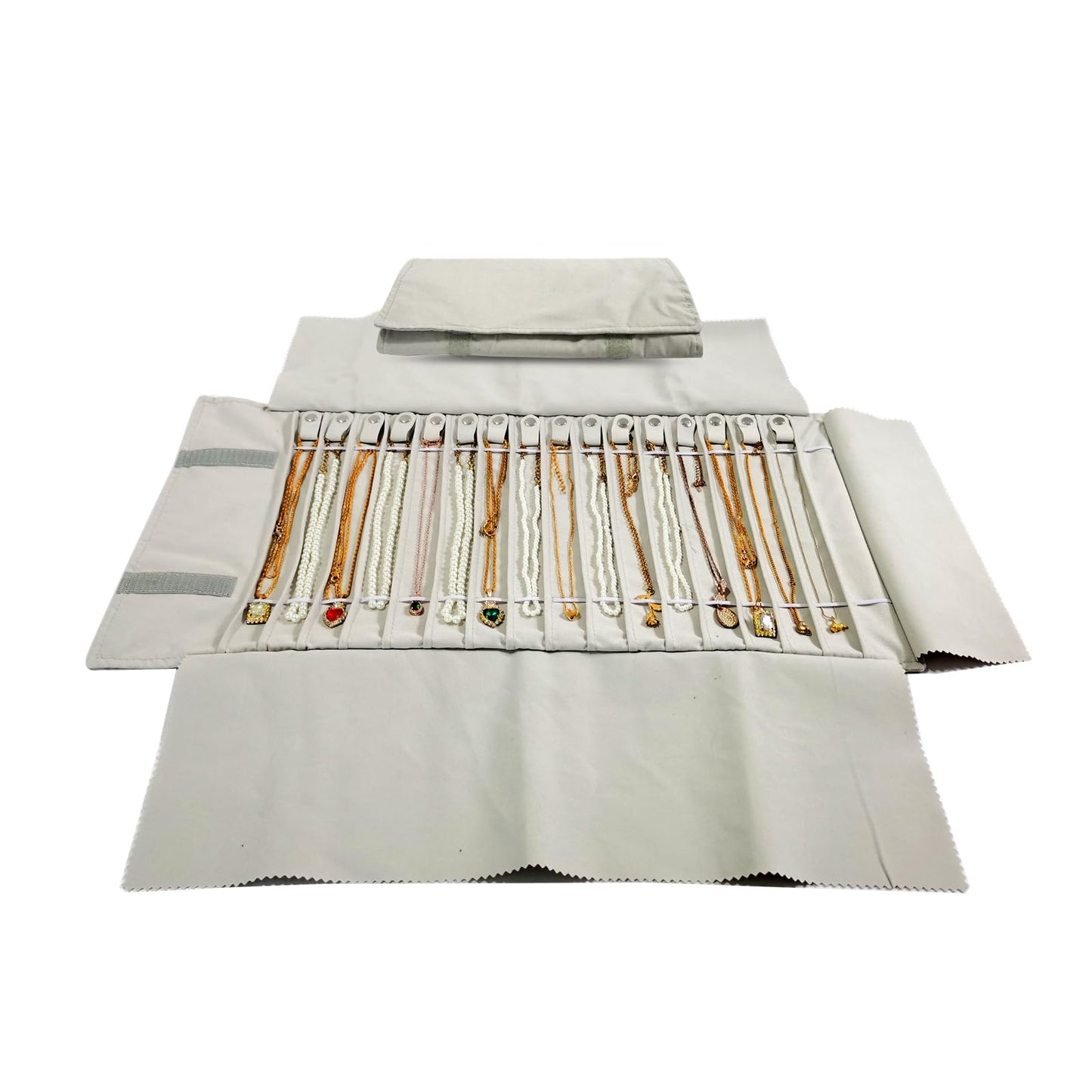 SCIKHEFT Portable Jewelry Roll Untangled Secure Necklace Travel Storage Bag Displays Holder 16 Chain (Beige)