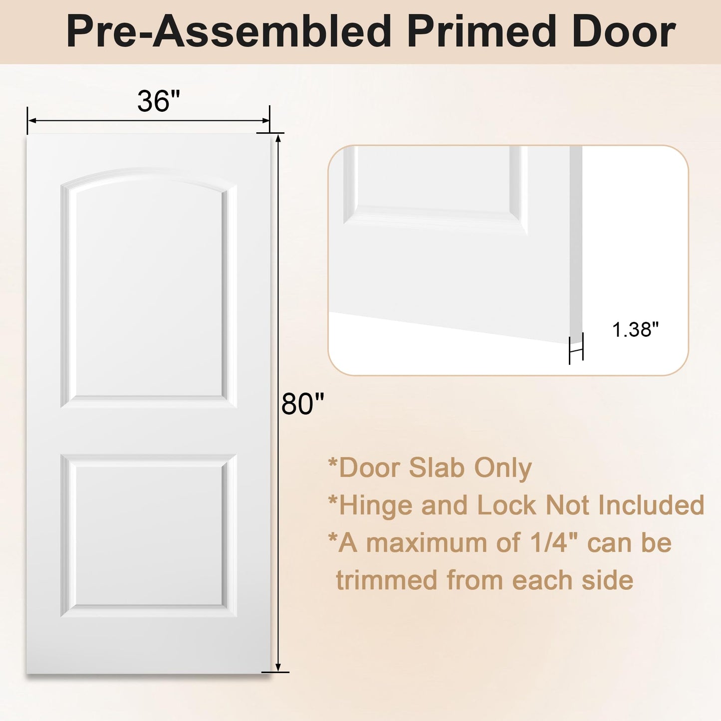 JUBEST 36"x80" Raised 2-Panel White Primed Hollow Core Interior Molded Door Slab with Arch Design, NOT Pre-drilled and NOT Included Hardware, Round Top Smooth Paintable Interior Door